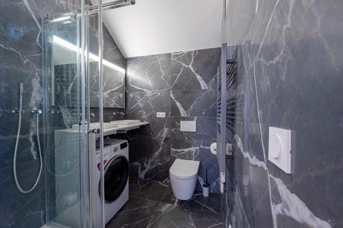 uma casa de banho com um WC e uma máquina de lavar roupa em Magnifique appartement 2BR/4P - Marais/Bastille em Paris