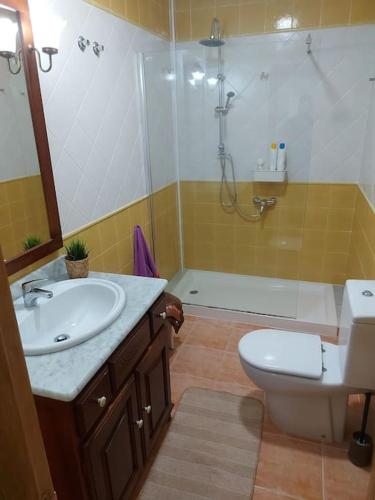 a bathroom with a sink and a toilet and a shower at APARTAMENTO PLAYA DE ESTORDE - Piscina y playa para disfrutar A Costa da Morte in Cee