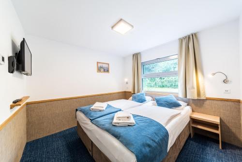 a hotel room with a bed and a window at Botel Racek in Prague