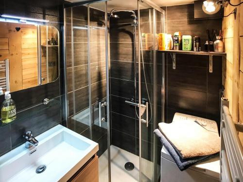 une salle de bain avec douche et lavabo dans l'établissement Charmant studio cabine + mezzanine pour 4 pers. à Valloire, proche remontées mécaniques et commerces - FR-1-263-485, à Valloire