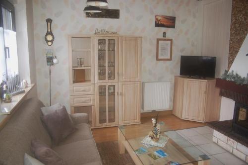 a living room with a couch and a tv at Ferienhaus Waldblick in Siegmundsburg