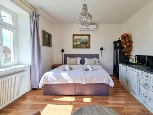 een slaapkamer met een groot bed en een kroonluchter bij Apartmán Praha Břevnov in Praag