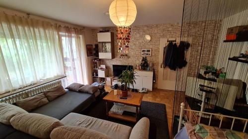 a living room with a couch and a table at Akropolitan Schönes Zimmer in einer Wohnung mit eigenem großen Garten in Munich