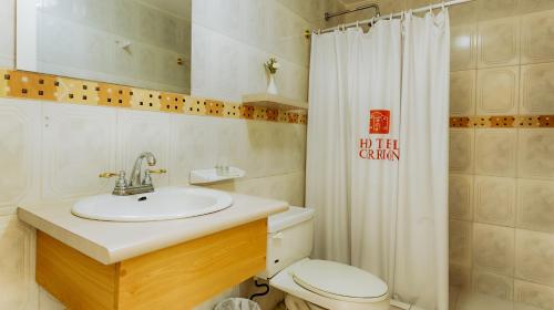 W łazience znajduje się umywalka, toaleta i prysznic. w obiekcie Casa Carrión w mieście Quito