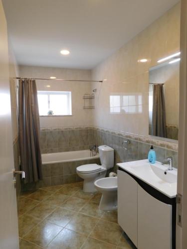 a bathroom with a toilet and a tub and a sink at Casa da Veiga in Lago