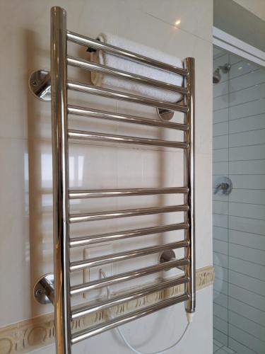 a metal towel rack in a bathroom with a shower at 3 Bedroom Sea Facing Family Apartment Cape Town Moullie Point in Cape Town