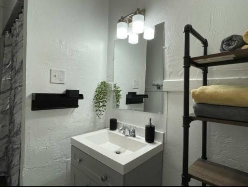 een witte badkamer met een wastafel en een spiegel bij Lovely 2BR w Office space - KING BED & ALEXA in Pittsburgh