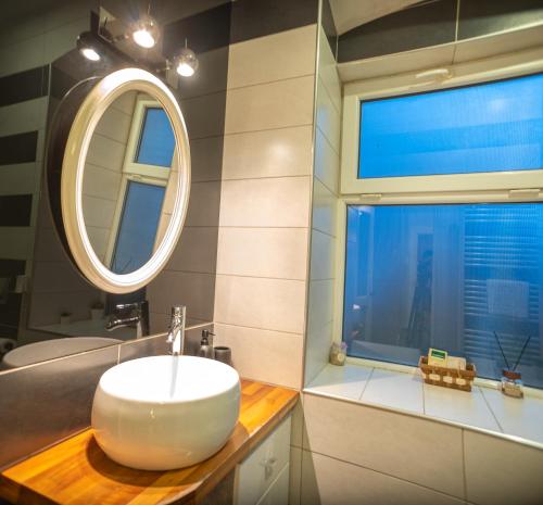 Un baño con lavabo, espejo y ventana. en MOLDOs Haus, en Sibiu