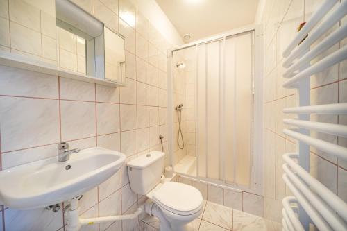 a bathroom with a toilet and a sink and a shower at ALBOPOGORZELICA, DOM GOŚCINNY in Pogorzelica