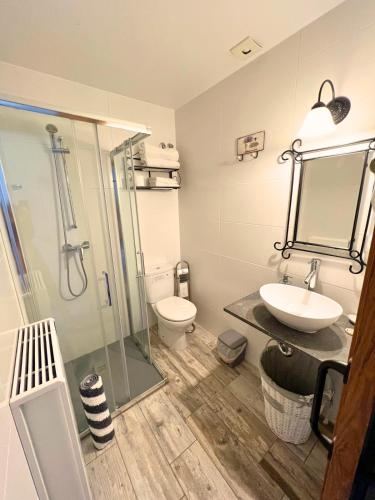 a bathroom with a sink and a toilet and a shower at Mas Segart in Santa María de Palautordera
