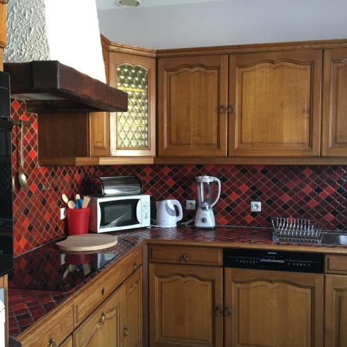 a kitchen with wooden cabinets and a counter top at Les Hibiscus in Andolsheim