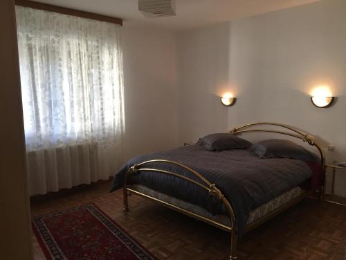 a bedroom with a bed and a window at Les Hibiscus in Andolsheim