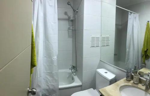 La salle de bains est pourvue de toilettes, d'un lavabo et d'une douche. dans l'établissement CONDOMINIO TERRASOL 1, à Quilpué