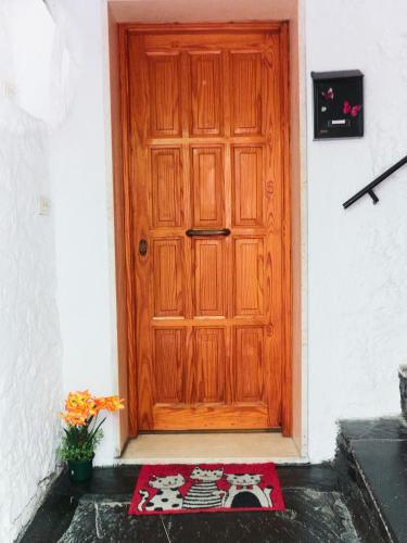 a red mat sitting in front of a wooden door at Sweet Home aria condizionata 10 min dal mare in Badalucco