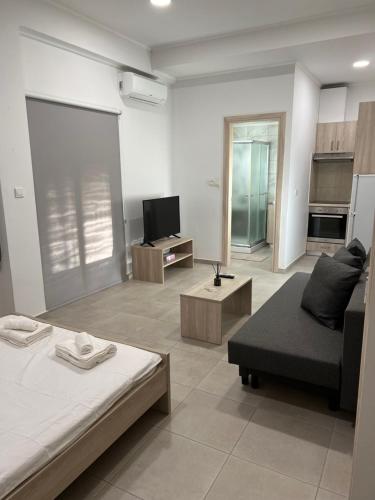 a living room with a bed and a couch and a tv at Modern city center studio saripolou in Limassol