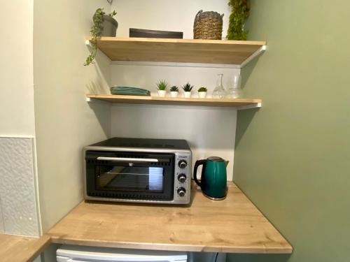 un micro-ondes posé sur un comptoir dans une cuisine dans l'établissement Appartement rénové et équipé, à Saint-Jacques-de-la-Lande