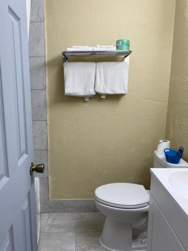 ein Bad mit einem WC, einem Waschbecken und Handtüchern in der Unterkunft Savannah Motel in Savannah