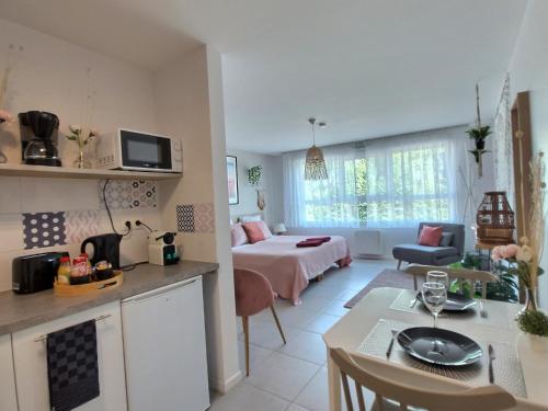 Il comprend une cuisine et un salon avec un lit et une table. dans l'établissement L'AMAZONIE - ROISSY CDG - Parc Astérix - Paris, à Moussy-le-Neuf