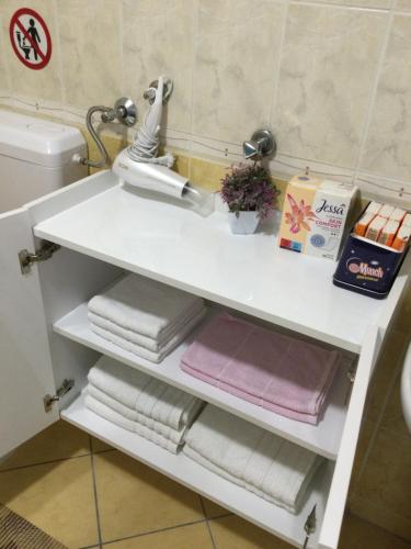 a white bathroom sink with towels on a shelf at Apartman * VICTORY * in Banja Luka