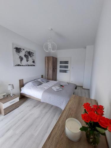 ein Schlafzimmer mit einem Bett und einer Vase aus roten Rosen in der Unterkunft Apartament Kopernika-centrum Słupska in Słupsk