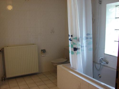 uma casa de banho com um WC e uma cortina de chuveiro em B&B Snow View Lodge em Medendorf