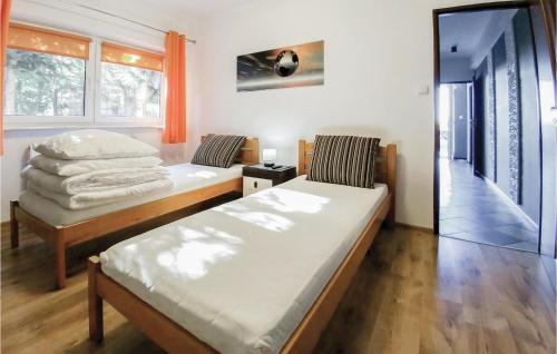 ヤロスワビエツにあるStunning Home In Rusinowo With 7 Bedrooms And Wifiのベッド2台、窓、鏡が備わる客室です。
