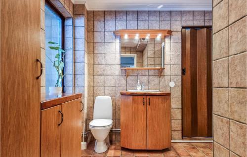 La salle de bains est pourvue de toilettes, d'un lavabo et d'un miroir. dans l'établissement Nice Apartment In Svenljunga With Sauna, à Svenljunga