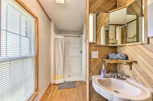 een badkamer met een wastafel, een douche en een spiegel bij Family-Friendly Sanctuary BBQ, Patio and Yard in Oak Hill