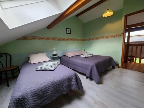 two beds in a room with green walls at Gîte Le Val-d'Ajol, 2 pièces, 2 personnes - FR-1-589-172 in Le Val-dʼAjol