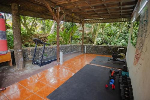 a fitness room with a treadmill and a gym at Rio Danta in Fortuna