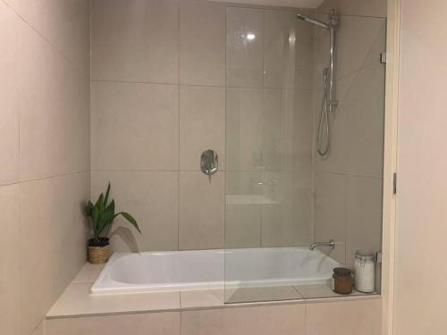 een badkamer met een douche en een bad bij Rooftop infinity pool - St Kilda luxury in Melbourne