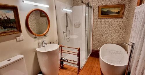 a bathroom with a shower and a toilet and a sink at Pheasant Lodge in Paparoa