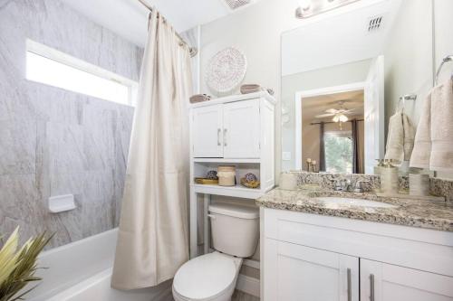 La salle de bains est pourvue de toilettes, d'un lavabo et d'une douche. dans l'établissement Modern Luxury Home Located in Tampa!, à Tampa