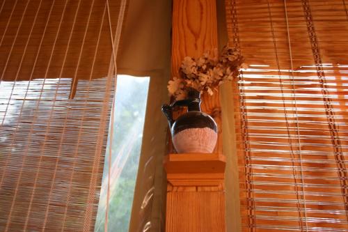 a vase with flowers on a shelf in a window at Villa Filip in Trpejca