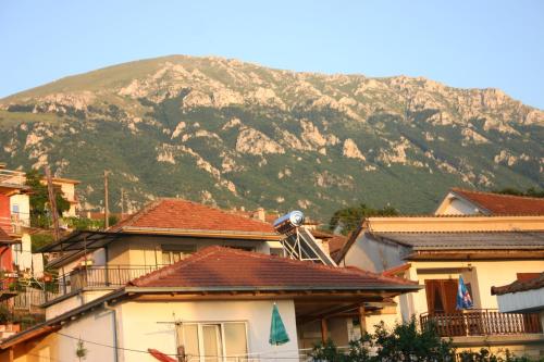 a mountain in the background of a town with houses at Villa Filip in Trpejca