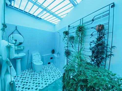 La salle de bains est pourvue de toilettes et de plantes. dans l'établissement PaPa Coffee & Homestay, à Xã Tân Phát