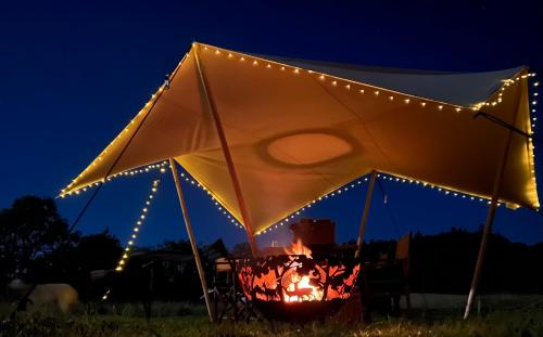 a tent with a fire in a field at night at Hartridge Springs in Honiton