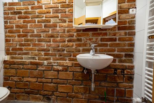 a bathroom with a brick wall and a sink at Villa Heaven in Donji Zemunik