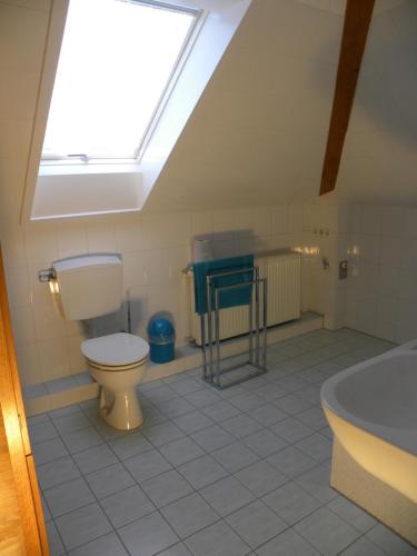 a bathroom with a toilet and a sink and a window at Ferienwohnung an der Schorfheide in Schorfheide