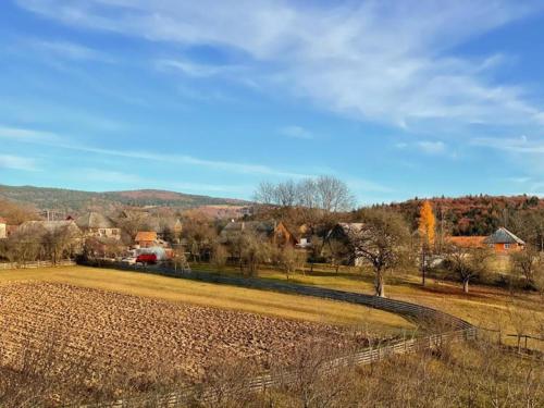 a view of a field with a fence and houses at Varság Gyöngye Vendégház in Vărşag