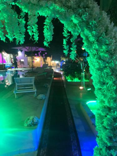 a garden lit up at night with green lights at Appartement Touta écologique familial in Ḩawmat al Badawīyīn