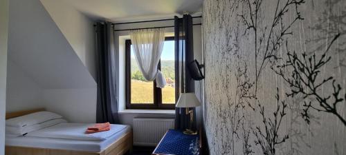 a small room with a bed and a window at ŁOMIANKOWA DOLINA Wetlina 112 in Wetlina