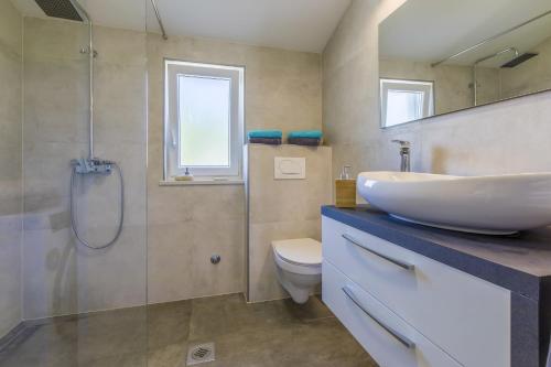 ein Bad mit einem Waschbecken, einem WC und einer Dusche in der Unterkunft Family friendly house with a swimming pool Garica, Krk - 19507 in Kras