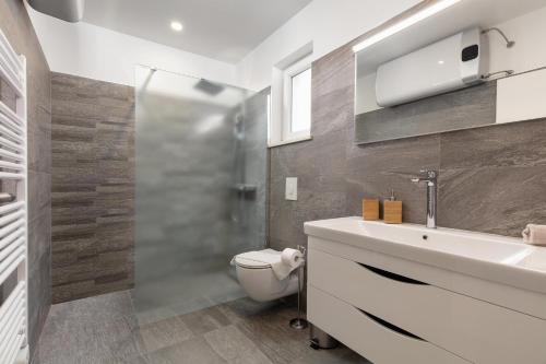 ein Badezimmer mit Toilette, Waschbecken und Dusche in der Unterkunft Apartments by the sea Puntinak, Brac - 19491 in Selca