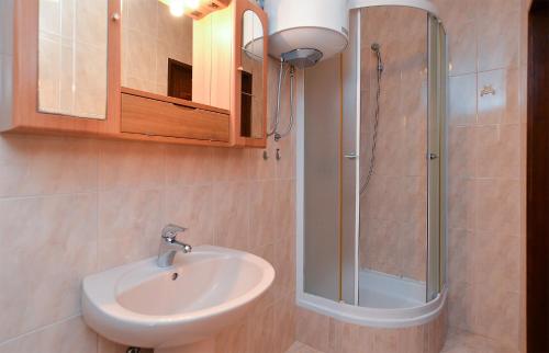 W łazience znajduje się umywalka i prysznic. w obiekcie Apartments with a parking space Fazana - 19641 w Fažanie