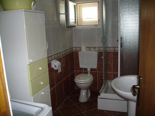 Apartments by the sea Basina, Hvar - 19668 في Vrbanj: حمام صغير مع مرحاض ومغسلة