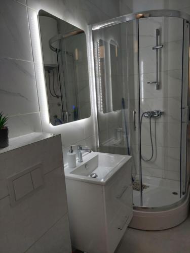 ein weißes Bad mit einer Dusche und einem Waschbecken in der Unterkunft Sunrise Apartments sa garažom in Banja Luka