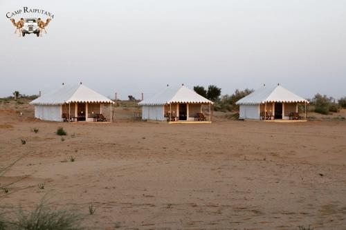 three white tents in a field with a horse in front at Camp Rajputana in Udāsar