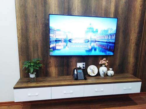 a flat screen tv on a wooden wall at The King Hotel - Condotel Thai Nguyen in Thái Nguyên