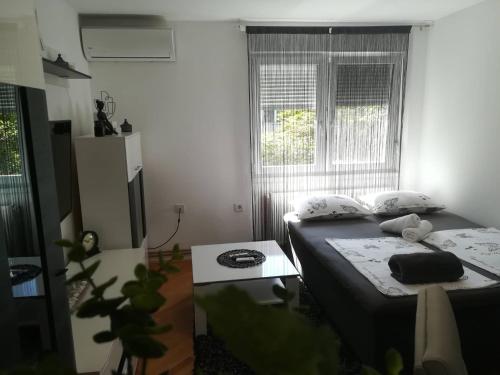 a small bedroom with two beds and a window at APARTMAN D&D*** in Varaždin